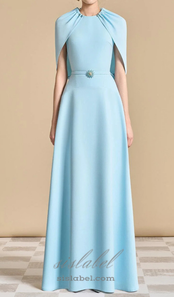 Jasmine A-line Cape Sleeved maxi Dress in light blue