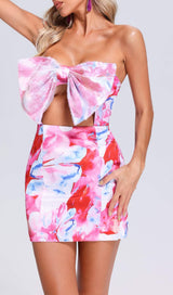 STRAPLESS LARGE BOW DECORATED PRINTED HIP MINI DRESS