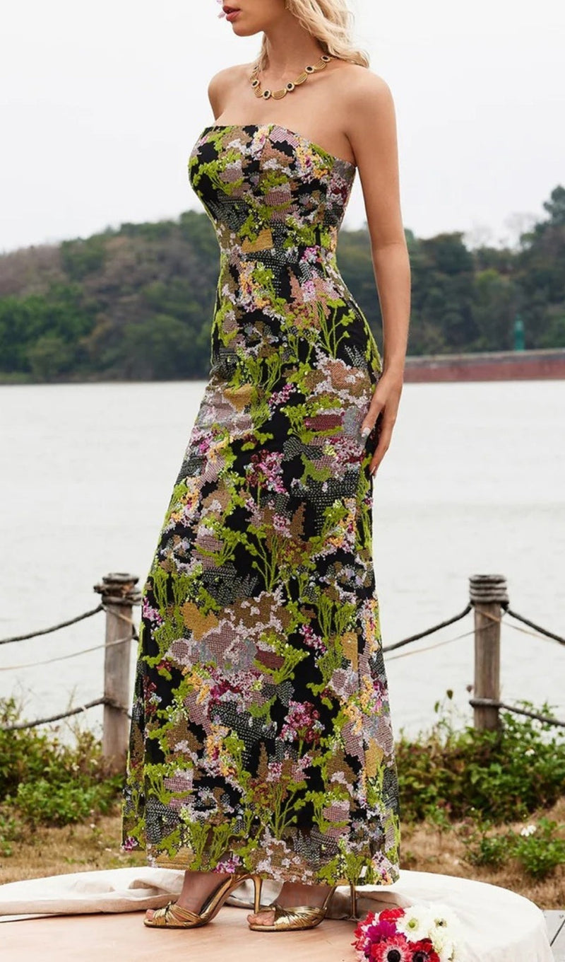 STRAPLESS FLORAL SEQUIN MAXI DRESS