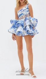 GAIL BLUE FLORAL PRINTED ONE-SHOULDER MINI CHIFFON DRESS