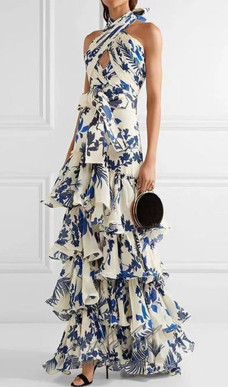 CAROLINE SLEEVELESS RUFFLED PRINT HALTER MAXI DRESS