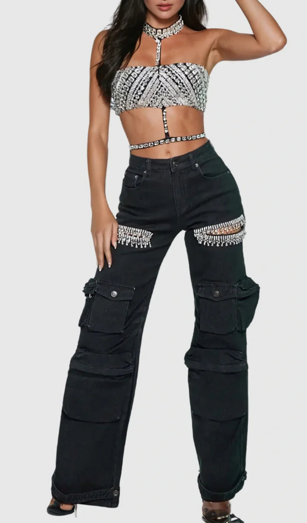 Rhinestone Cutout Cargo Jeans in Black