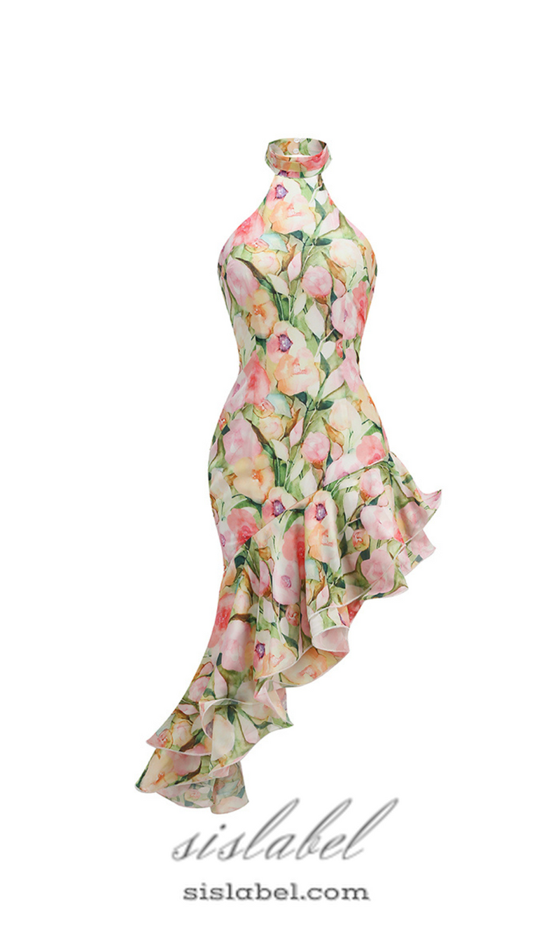 SABINA PINK GREEN ASYMMETRIC FLORAL HALTER MIDI DRESS