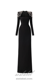 crystal-embellished black long sleeve maxi dress