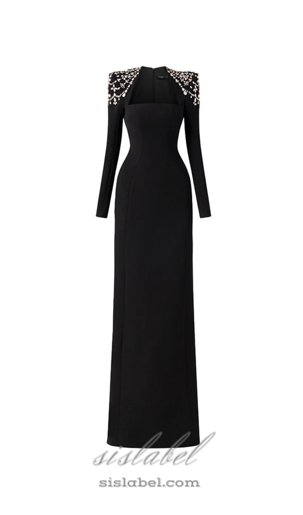 crystal-embellished black long sleeve maxi dress