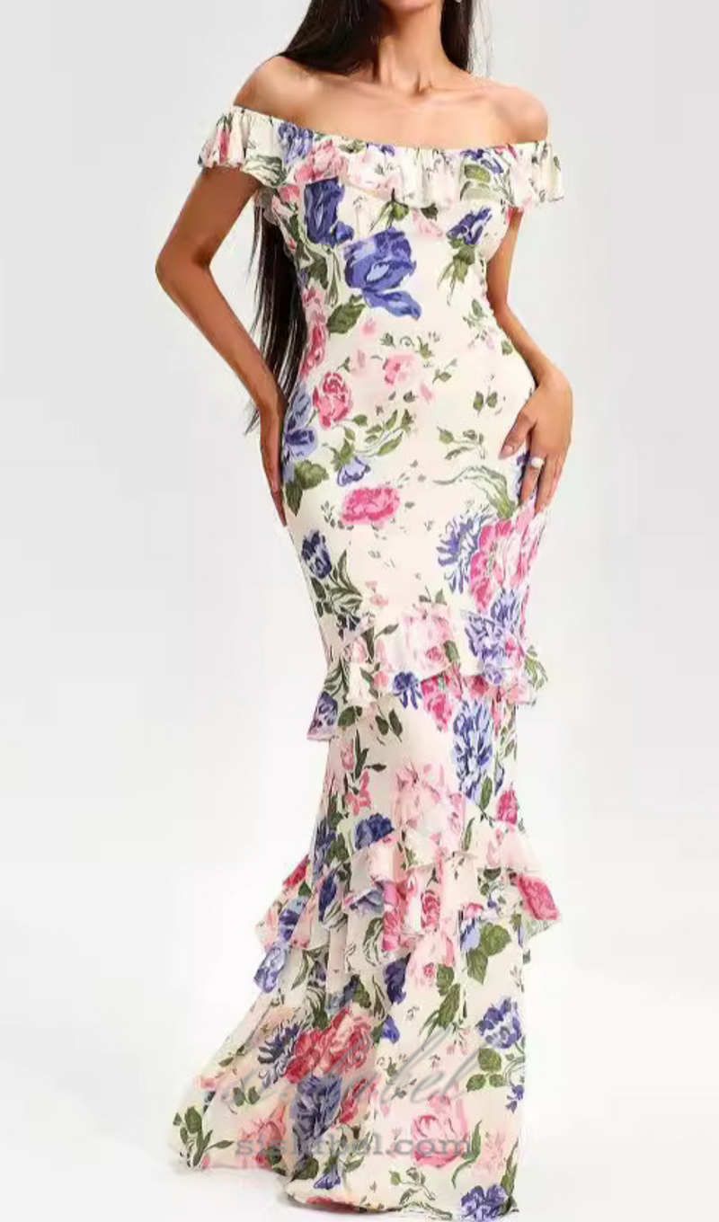 PRISCILLA MULTICOLOR OFF SHOULDER PRINT LAYERED MAXI DRESS