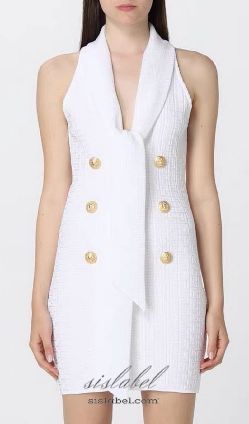 EVELYN JACQUARD MONOGRAM SHAWL-COLLAR MINI DRESS IN WHITE