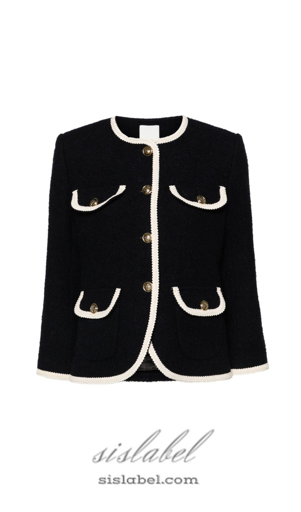 Jill Tweed Contrast Trim Jacket in navy blue