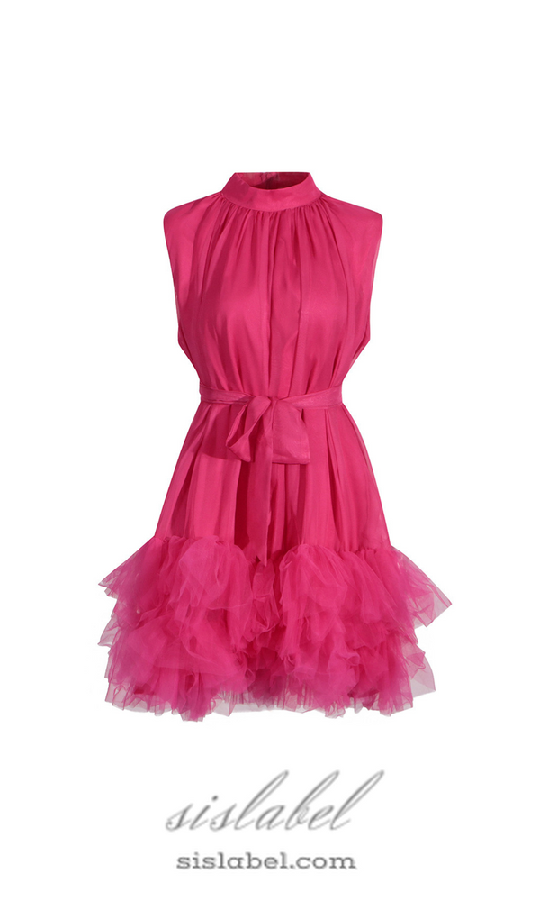 half-high-neckline tulle mini dress in pink