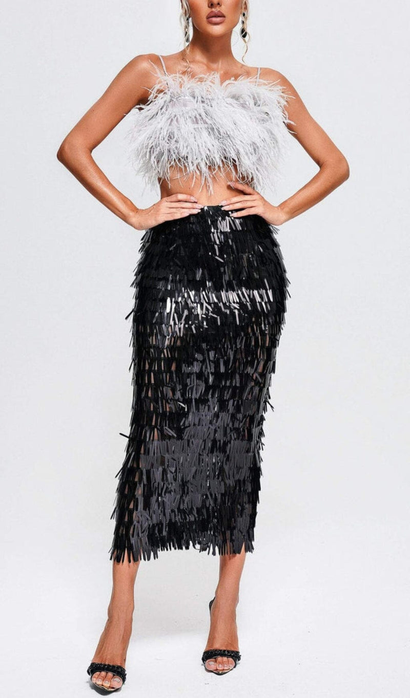 FEATHER TOP SEQUIN MIDI DRESS IN BLACK