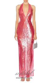 ZORA SHEER SEQUIN DEEP V NECK GOWN IN PINK RED