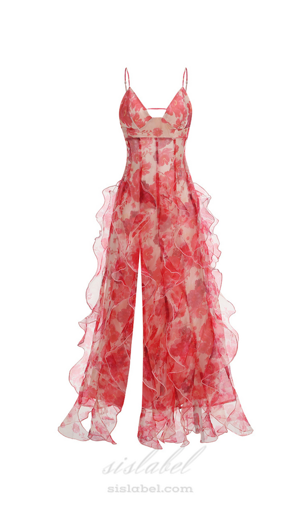 BELINDA RED FLORAL VERTICAL RUFFLE TRIM MAXI DRESS