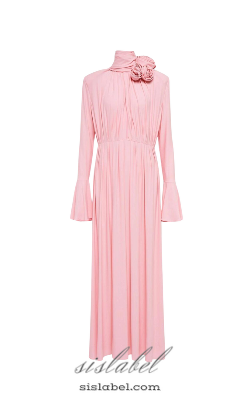 ERIN LANTERN SLEEVE HIGH COLLAR FLOWER SLIT MIDI DRESS IN PINK