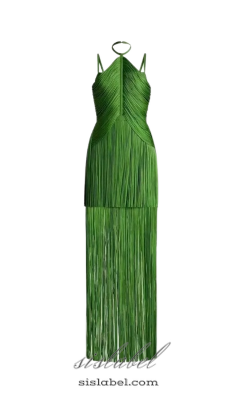 BRIANNA HALTER NECK FRINGE TASSEL DRESS IN GREEN