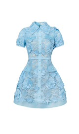 A-LINE FLORAL EMBROIDERY MINI DRESS IN BLUE