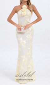 GABRIELLE EMBOIDERED FLORAL HALTER MAXI DRESS IN PALE YELLOW