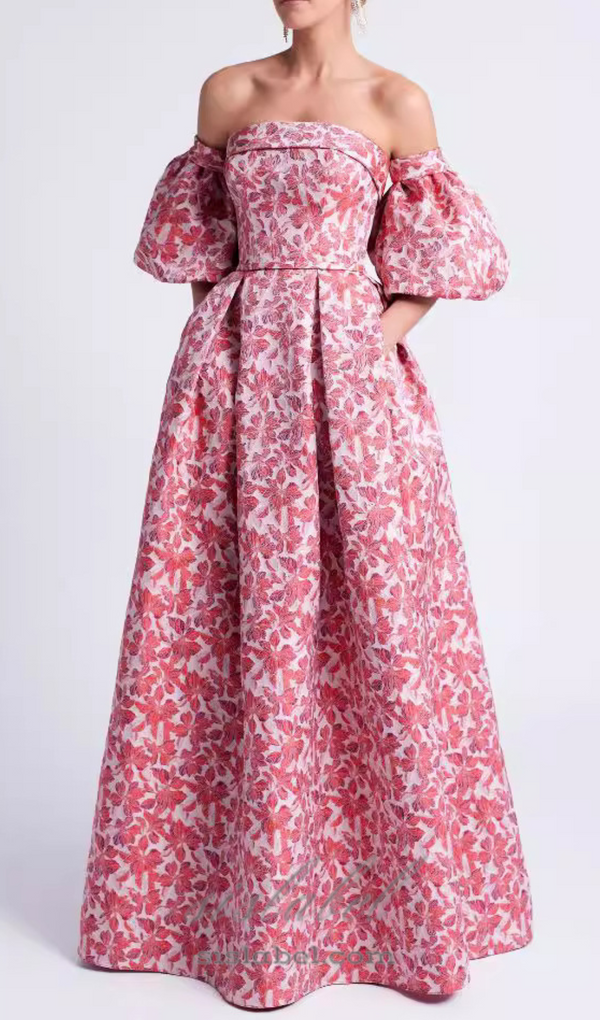 peach Printed Lantern Sleeve Maxi Dress