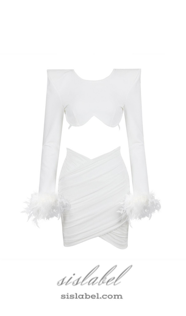 JENNIFER LONG SLEEVE FEATHER MESH BANDAGE SET IN WHITE