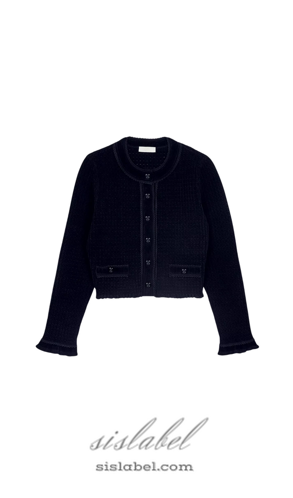 Velvet-texture cropped knitted cardigan in noir