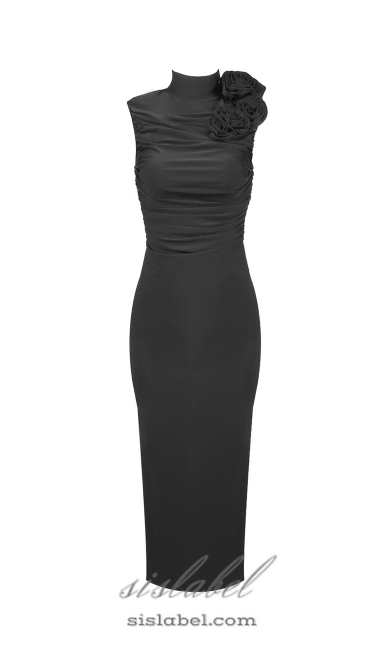 ADORA FLOWER EMBELLISHED RUCHED MIDI DRESS IN BLACK