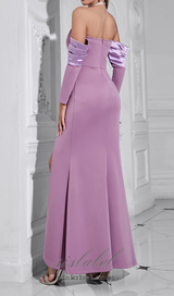 CHARLOTTE OFF-SHOULDER PEARL HALTER  MAXI DRESS IN PURPLE