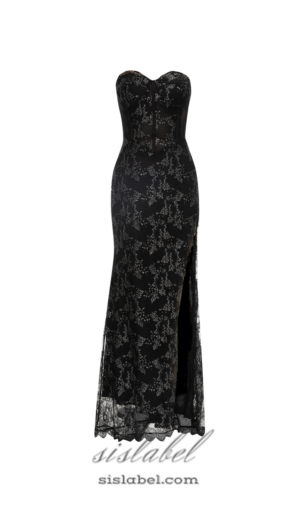 CLAIRE BLACK MESH PATCHWORK STRAPLESS MAXI DRESS