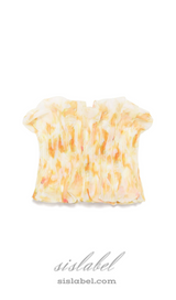 print ruffle trim top in yellow