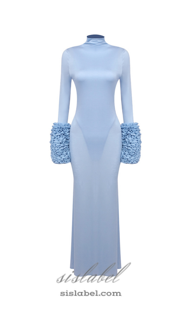 MICHELLE RUFFLED TURTLENECK MAXI DRESS IN PALE BLUE