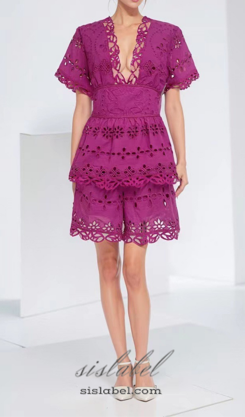 MAGGIE PURPLE LAYERED CUT OUT LACE TOP SHORTS SUIT