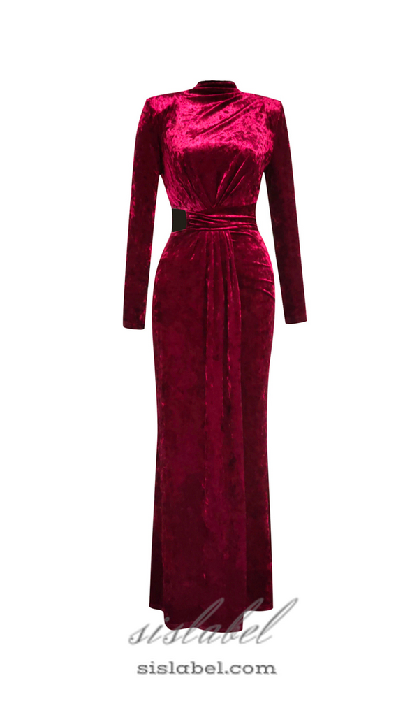 Velvet High Neck Hollow Waist maxi Dress in burgundy