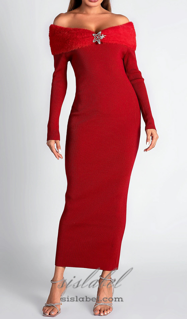 ASTRID OFF SHOULDER KNIT FUR MIDI DRESS IN RED