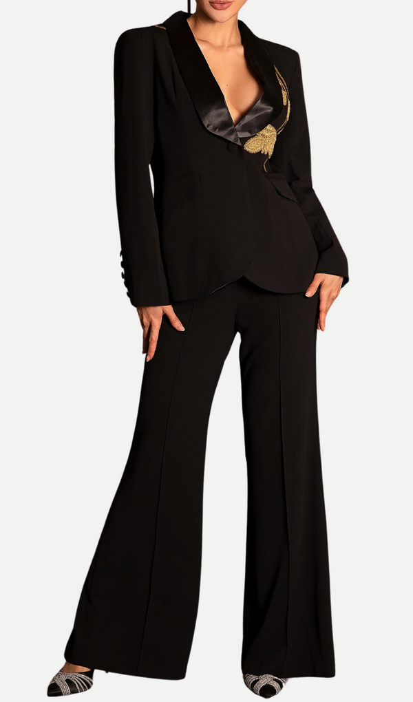 Primatou Black Embroidered Flared Blazer Suit