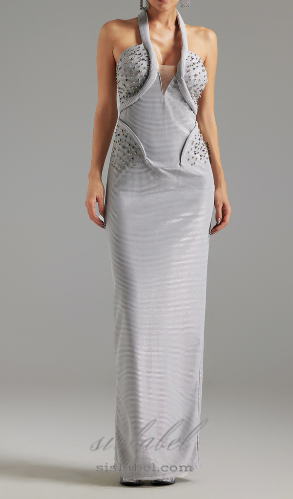 Diamond embellished Halter Maxi Dress in silver