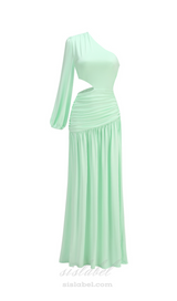 BERYL ONE SLEEVE CUTOUT RUCHED MAXI DRESS IN GREEN