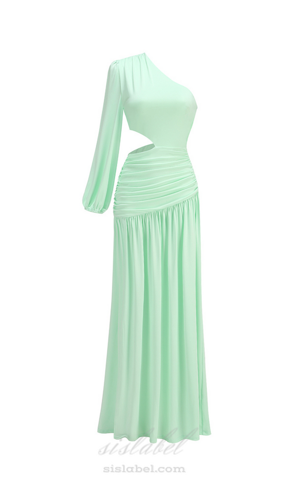 BERYL ONE SLEEVE CUTOUT RUCHED MAXI DRESS IN GREEN