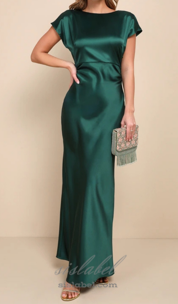 satin cowl back maxi dress in forest green