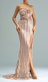 Apricot Mermaid Strapless Sequined Split maxi Dress