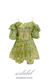 ANNA PRINTED RUFFLE TRIM MINI DRESS IN Green