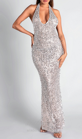 BARBARA HALTER SEQUIN MAXI DRESS IN SILVER