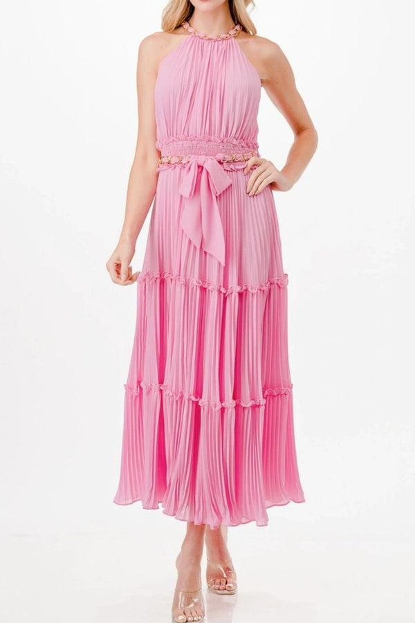 Pleated Midi Dress with Chain Detail