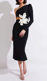 FLOWER APPLIQUE ONE SHOULDER MIDI DRESS IN BLACK