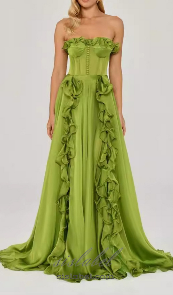 ZONA FRILL SWEETHEART NECK SLEEVELESS MAXI DRESS IN GREEN