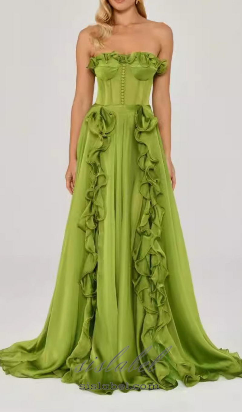 ZONA FRILL SWEETHEART NECK SLEEVELESS MAXI DRESS IN GREEN