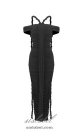 cara black off-shoulder ruched bodycon maxi dress with rope embellished