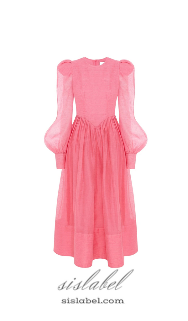 DELIA PINK LANTERN SLEEVE ROUND NECK MIDI DRESS