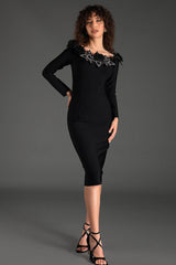 RUBIDES DIAMOND BANDAGE MIDI DRESS IN BLACK