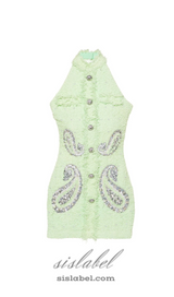 GEMMA PAISLEY-EMBELLISHED TWEED MINI DRESS IN GREEN