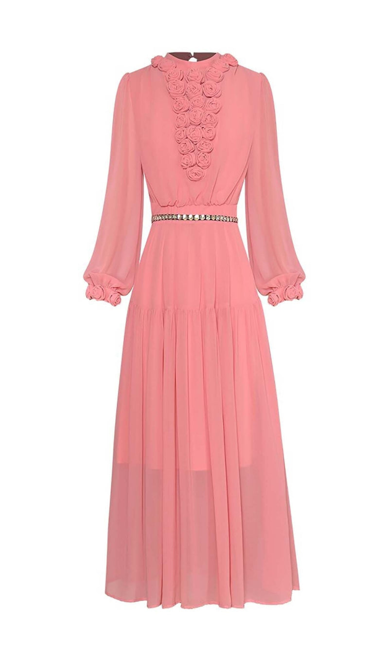 PINK FLOWER LANTERN LONG SLEEVED MAXI DRESS