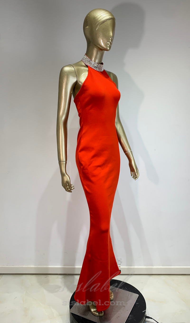 HEDWIG CRYSTAL HALTER SLEEVELESS BODYCON MAXI DRESS IN RED