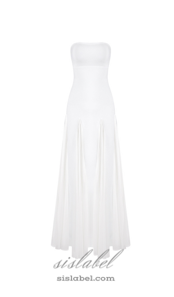 pleated trim strapless maxi dress in white